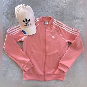Adidas Women’s Pink Peach Logo Sweatshirt Jacket Baseball Hat Set Size S